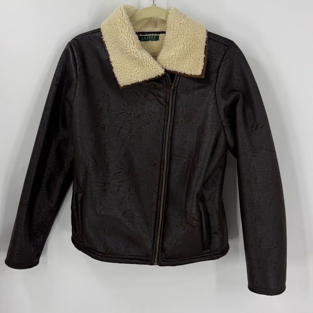 Lauren Ralph Lauren tumbled brown faux leather/ cream shearling Moto jacket M